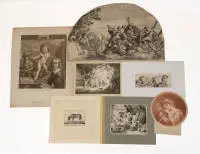 Lot de 43 gravures sur cuivre ou eaux-fortes du XVIIIe siècle, dimensions et états de conservation variés, non encadrées, certaines avec passe-partout, photos de catalogue uniquement à titre d'exemple