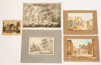 Lot de neuf dessins des XVIIIe et XIXe siècles, partiellement à l'encre lavée ou aquarellés, dimensions et états de conservation variables, non encadrés, partiellement montés sur carton, photos du catalogue uniquement à titre d'exemple