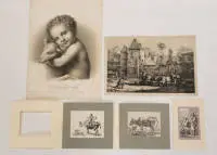 Lot de cinq gravures du XIXe siècle, dimensions et états de conservation variables, non encadrées, en partie avec passe-partout, photos du catalogue à titre d'exemple