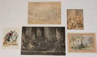 Kavel van 14 aquarellen of tekeningen uit de 19e eeuw, verschillende afmetingen en condities, ongelijst, deels op karton gemonteerd, catalogusfoto's slechts exemplarisch