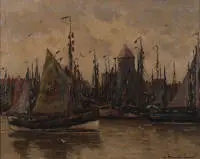 Hambüchen, Wilhelm (1869 Düsseldorf - 1939 Düsseldorf, études à l'école des arts appliqués de Düsseldorf. Père de Georg Hambüchen. Peintre actif à Düsseldorf de marines, plages et ports),