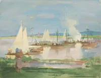 Stock, Franz (1896 Culm - 1970 Berlin), "Régate sur un lac", gouache sur papier, signée en bas à droite F. Stock, 30 x 40 cm (PA), sans cadre