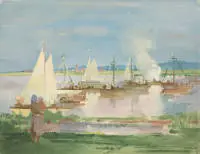 Stock, Franz (1896 Culm - 1970 Berlin), "Régate sur un lac", gouache sur papier, signée en bas à droite F. Stock, 30 x 40 cm (PA), sans cadre