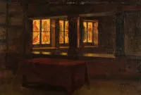 Volkhart, Max (1848 Düsseldorf - 1935 Düsseldorf), "Intérieur avec vitraux", huile sur toile (doublée), signée et datée en bas à droite MAX VOLKHART. 1922., 39 x 57 cm