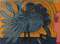 Corneille (Liège 1922 - 2010 Auvers-sur-Oise), "Tête et grand oiseau", lithographie sur papier, signée, datée et numérotée en bas à droite Corneille 77 71/100, 56 x 76 cm (feuille), encadrée sous verre