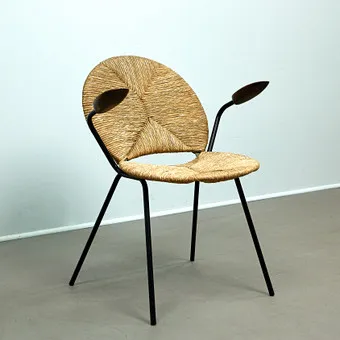 WALTER PAPST. Mauser-Werke Waldeck, chair / armchair / Lounge Chair, seagrass weave, iron, pine, 1950s, Germany.