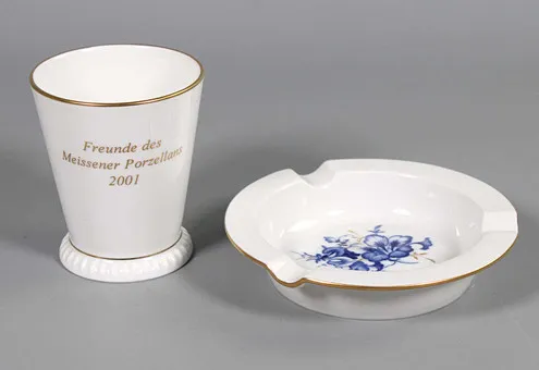 MEISSEN anniversary beaker and ashtray.