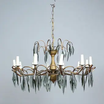 Italian brass chandelier, decorated with striking smoky grey crystal prisms from the 1950s/1960s.