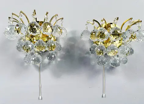 Set of 2 wall lamps with crystal glasses by Ernst Palme, Hollywood Regency, Germany, 1960s.