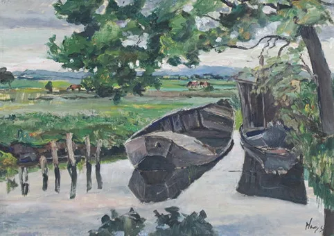 BERNHARD HUYS (1896-1973). Olej na płótnie, ''Łodzie na jeziorze''.