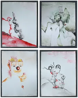 BLÄTTERSTEIN. 4 x mixed media portrait format, signed & dated, approx. 50 x 65 cm.