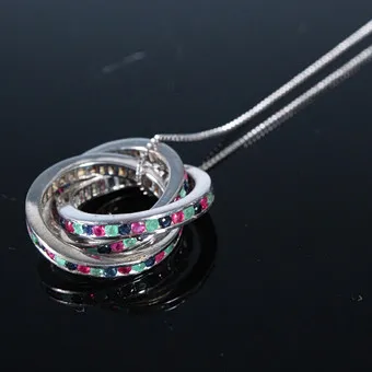 Necklace with 3 pendants, set with ruby, emerald and sapphire, 925 silver.