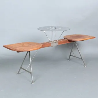 JANAK TALIM. Mid-Century tandem bench with central table, signed, unique piece.