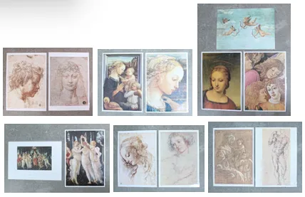 13 uměleckých tisků podle BOTTICELLIHO, RAFFAELA, MICHELANGELA, LEONARDA DA VINCI, PETERA PAULA RUBENSE, ANDREY DEL SARTO a FILIPPA LIPPIHO.
