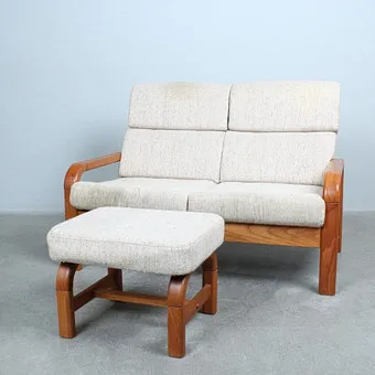 PREBEN SHOU. PREBEN SCHOU. Midcentury two-seater sofa with ottoman, teak, textile, 1960s/70s, Denmark.