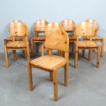RAINER DAUMILLER. 8 chairs / dining chairs, pine, 1970s, Denmark.