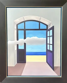 DOBOCAN, DORÉL。超现实主义室内构图，1999年，布面油画，总尺寸约109.5 x 89厘米。