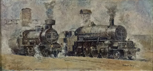UNKNOWN ARTIST (20TH C.). Atmospheric scene with two historic steam locomotives, oil on fibreboard.