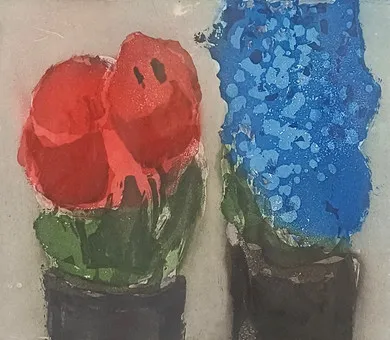 FUSSMANN, KLAUS。《飞燕草与红郁金香》，1994年，飞尘腐蚀版画，纸上彩色蚀刻版画。