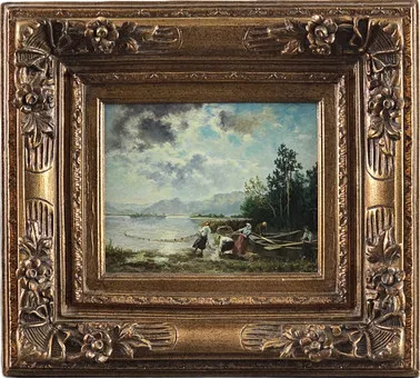 JOSEF WOPFNER. 复制品。基姆湖渔夫收网，木板油画。