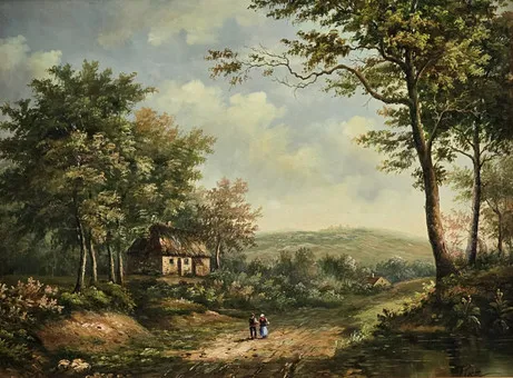PIKE。林缘的乡村夏日风景与农民夫妇，木板油画。