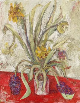 JAHN, HELMUT. Getrockneter Blumenstrauß, 1981, Öl auf Holzplatte.
