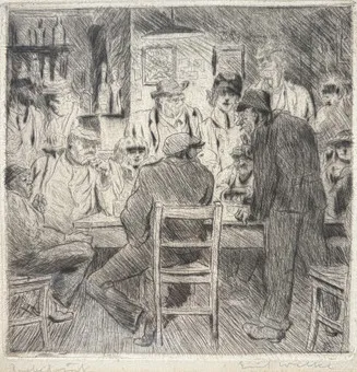 WILKE, ERICH。酒馆聚会，自然色手工纸上蚀刻版画。