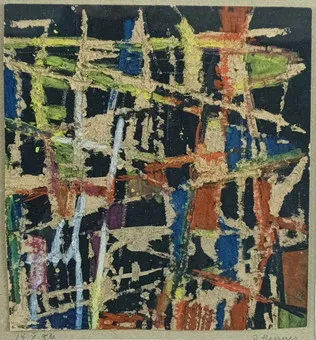 HANNES, ILSE. Abstracte compositie (1954), ingekleurde gravure.