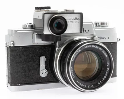 Minolta SR-1 / Model V, 35mm spiegelreflexcamera (SN 2292821) met Minolta Lens MD Rokkor 1:1,7/50mm (SN 5385849) en Minolta SR-Meter-2.