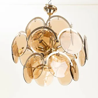 Kroonluchter / plafondlamp met glasplaten en messing frame, jaren 1970.