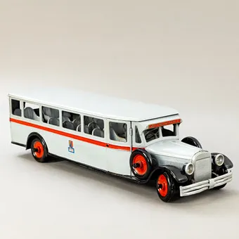 Buddy L, autobús '208', gran modelo de chapa de acero prensada, EE. UU., primera mitad del siglo XX