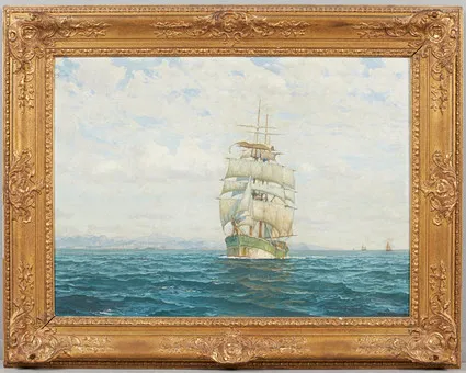 MICHAEL ZENO DIEMER (1867-1939). Three-master on the open sea, oil painting.