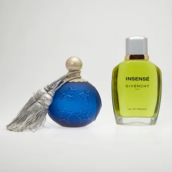 GIVENCHY & KARL LAGERFELD. Pair of large factices / flacons, glass, plastic, 1990s, France. (2).
