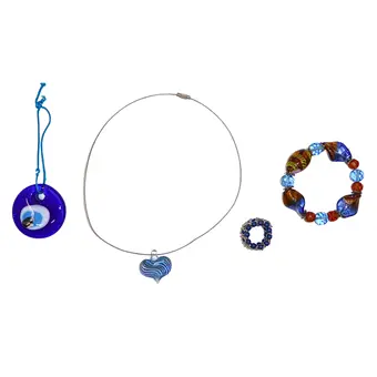 4-DELIGE SIERADENSET: NAZAR AMULET, HART HANGER, RING EN MURANO GLAS ARMBAND.