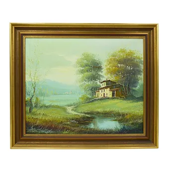 Rivierlandschap met hoeve, gesigneerd.