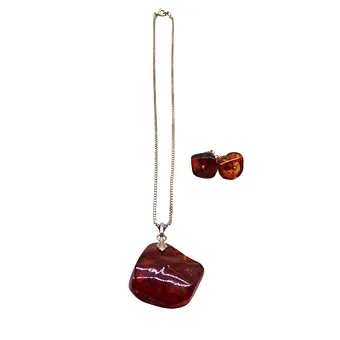 Parure en ambre, collier et boucles d'oreilles en argent 925.