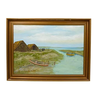 SVEND HOUMØLLER – PAYSAGE CÔTIER AVEC BATEAUX ET HANGARS, 1975.