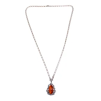SILVER PENDANT WITH OVAL AMBER IN ORNATE SETTING, WITH CHAIN.