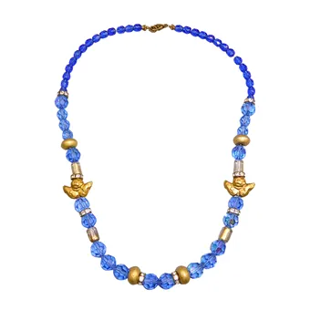 Collier en argent 925 doré avec perles de verre bleues et motifs d'anges.