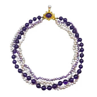 Collier multi-rangs en améthyste et perles avec fermoir en or jaune 585.