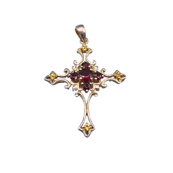 BIJOU TRADITIONNEL PENDENTIF CROIX EN ARGENT 925 AVEC GRENAT ET CITRINE.