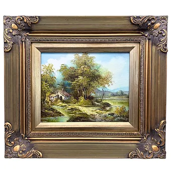 IRENE CAFIERI. ÖLGEMÄLDE EINER FLUSSLANDSCHAFT MIT COTTAGE.
