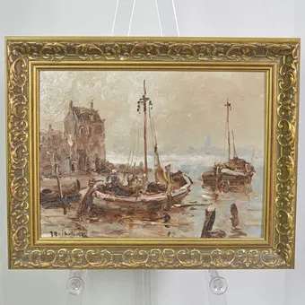 RICHARD REIBELING (1900-1976). HARBOUR SCENE, OIL ON PANEL, 20TH CENTURY.