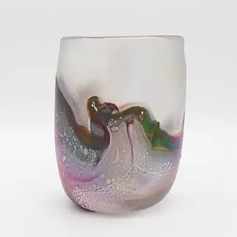 VASE MULTICOLORE DE GLASHAUS EDELMANN, SIGNÉ SUR LA BASE, FAIT MAIN, ANNÉES 1970.