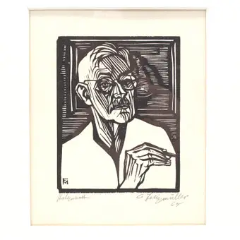 CONRAD FELIXMÜLLER (1897 DRESDEN - 1977 BERLIJN) ZELFPORTRET MET TEKENENDE HAND, HOUTSNEDE OP VELLIJN, GESIGNEERD, GEDATEERD 1965.