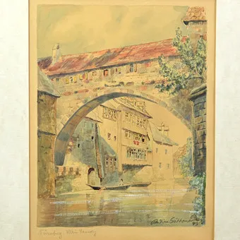 PHILIPP GÖTTER, "NUREMBERG, PETITE VENISE", AQUARELLE SUR PAPIER, ENCADRÉE, 1949, SIGNÉE ET ANNOTÉE.