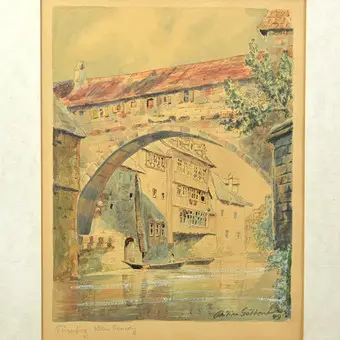 PHILIPP GÖTTER, "NORIMBERK, MALÉ BENÁTKY", AKVAREL NA PAPÍŘE, RÁMOVANÝ, 1949, SIGNOVANÝ A POPSANÝ.