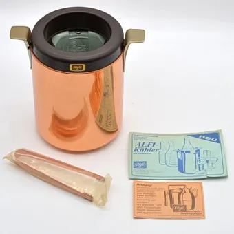 Alfi, bottle cooler with cooling elements, brass and plastic, with instructions and ice tongs, Germany circa 1970s.