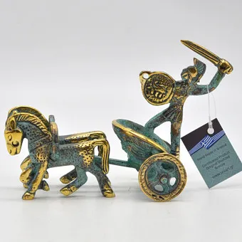 UNIART BY KATRITSIS, "WARRIOR ON CHARIOT", BRONZE SCULPTURE, GILT AND PARTLY PATINATED, GREECE, CIRCA 1970S.