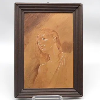 M. STAEBEL, PORTRET VAN EEN DAME, PASTELTEKENING MET WITTE HOOGSELS OP PAPIER, GESIGNEERD EN GEDATEERD, 17 SEP. 1945.